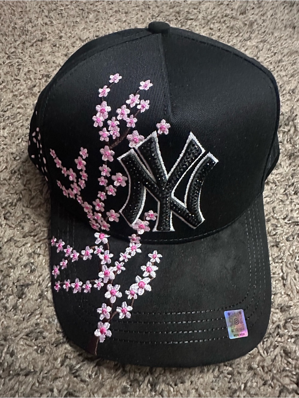 Black Baseball Cap with Pink Cherry Blossom Embroidery